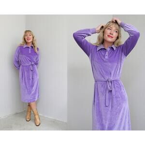 1970's Vintage Lilac & Velour Midi Shirt Dress ~ Women's MD LG ~ 70's Day Dress